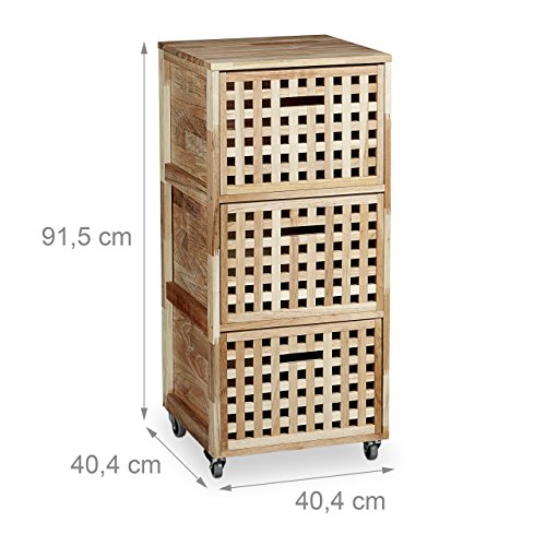 Relaxdays Rollcontainer Holz mit 3 Fächern Walnuss HBT: ca. 91,5 x 40,4 x 40,4 cm Utensilienwagen Rollregal Wäschebox Holz Schrank rollbarer Schubladenschrank, natur - 3
