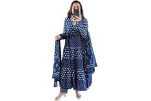 Sambhav Quilt Hub Women Cotton Indigo Hand Block Printed Kurta Pant With Dupatta