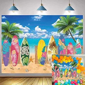 Summer Surfboard Beach Party Backdrop Tropical Hawaiian Seaside Surfs Up Photography Background Summer Beach Holiday Birthday Party Decorations 7x5FT