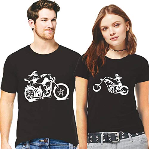 Hangout Hub HH118 Couple Men's & Women's Couple Tshirts for Couple/Round Neck Cotton Printed Regular Fit Biker T-Shirts Tees/Mr and Mrs Bike Riders Half Sleeves (Pack of 2)