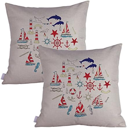 2 pcs Nautical & Marine Theme Thick Cotton Linen Pillowcase Cushion Cover Decorative Throw Pillow Case 18 X 18 Inch 45 X 45 Cm (Lighthouse & Sailing Boat)