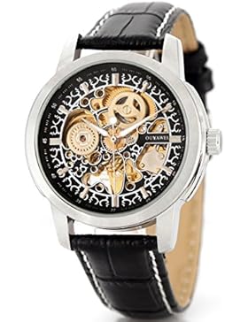 Alienwork mechanische Automatik Armbanduhr Skelett Automatikuhr Uhr Herren Uhren modisch Design Leder schwarz...