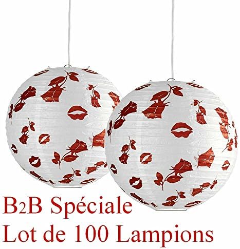 B2B Special " – Pack of 50 Pairs (100) Chinese Lanterns" Roses And Kisses Balloon 30 cm Ribbed Paper Lanterns White Decorated with Red Roses and Kisses. Power Cords non-compris