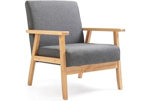 Mingone Poltrona Imbottita Sedia da Salotto con Braccioli con Schienale in Tessuto di Lino con Struttura in Legno per Soggiorno, Camera da Letto, 64.5x67x73.5cm, Grigio