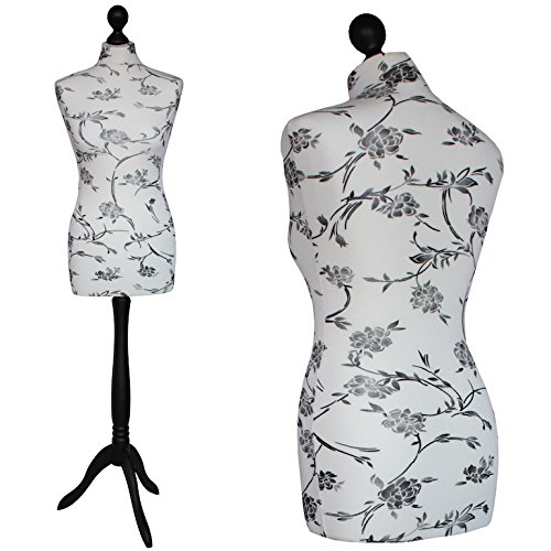 DummyDoll ® Schneiderpuppe aus Hart-Styropor Torso: weiblich Überzug: creme/ecru mit schwarzen Blumen Fuss: Holzfuß: Dreibein schwarz Größe: XS (32/34) S (34/36) S/M (36/38) M (38/40) M/L (40/42) L (42/44) XL (44/46) XXL (46/48) Schneiderbüste Schaufensterpuppe Büste Torso Schneiderpuppen Schneiderbüsten Schaufensterpuppen - 2