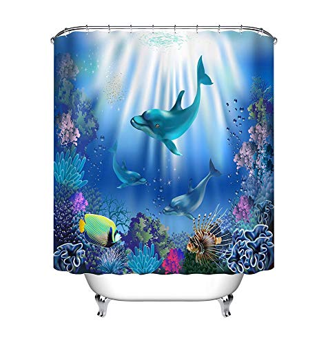 LB Dolphins Shower Curtain 59x71 inch Blue Ocean Bath Curtain Tropical Fish Coral under the Sea World Bathroom Decor for Kids,Waterproof Anti Mould Polyester Fabric