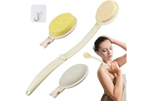 EZESO Juego de cepillo de baño 3 en 1, cepillo de ducha plegable con mango extra largo, cabeza piedra pómez, esponja de lufa y cerdas de depurador de espalda para exfoliar (tamaño único, blanco)