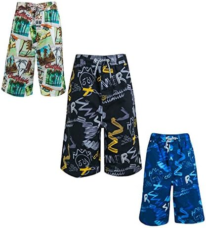 justfound4u Big Boys Kids Long Knee Length Swim Shorts Swim Trunks Children Surf Board Wear Mesh Lined Blue Black White Printed Size XXS - L 9 10 11 12 13 14 15 16 Years (Blue, 13-14 Years (M))