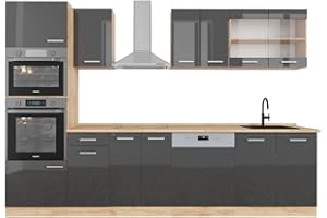Vicco cucina componibile R-line, Antracite lucido/oro power oak, 300 cm con armadio alto, senza piano di lavoro