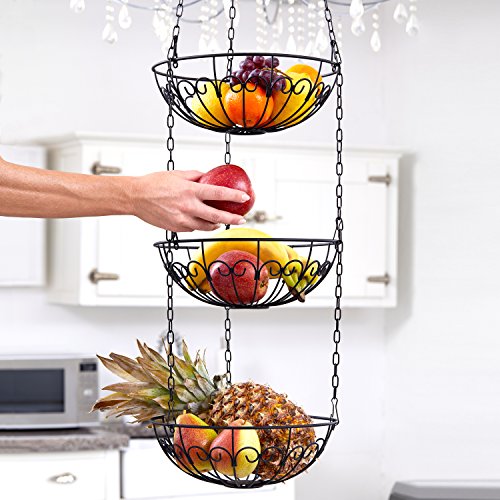 Chefarone Hängekorb – Obstkorb Set zum Hängen 3-tlg – Küchenampel mit 130cm Kette für extra viel Platz – Obst Etagere auch geeignet als Gemüsekorb – Landhaus Hänge-Etagere matt schwarz – Gemüseampel mit 28cm Durchmesser – Belastbar bis 5kg - 5