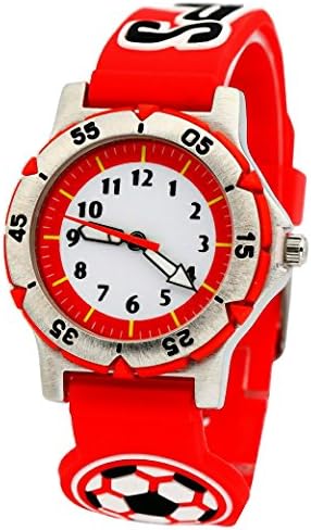 uWANTit Boys Kids Childrens 3D Cartoon Football Soccer Watch Silicone Strap Stainless Steel Back and Japanese Quartz Movement (Red)