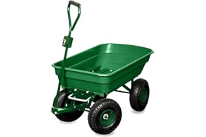 TERRE JARDIN Brouette de Jardin 4 Roues gonflables 120 Kg, Benne Basculante 52 L, Chariot à Bois bûche, Transport Bois de Chauffage, Remorque Attelage intégré - Capacité Basculée 80 Kg