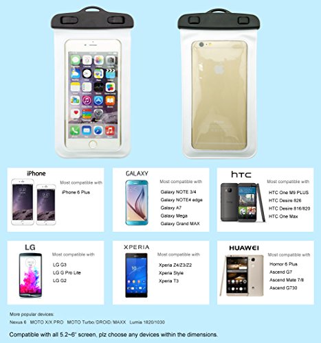 Dolder neue wasserdichte Handyhülle Tasche Beutel Unterwasser tasche für iphone 6 plus, iPhone 6s Plus/Samsung Galaxy S7 Edge,S7,S6 Edge Plus,S6 Edge,S6,A7,A5/Huawei Ascend P9 Plus,P9,P9 Lite,P8,Mate S,Mate 8,Mate 7/LG G5/HTC ONE M10/ MOTO G4,MOTO Z Stylus, usw. in Weiss. - 2