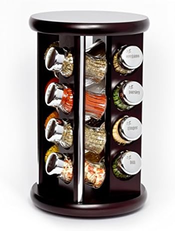 16 Jar Revolving Wooden Spice Rack filled with Herbs and Spices + 2 Jars Absolutely FREE! Made In Poland- Rotating 16II- silver line-venge, silver glossy caps