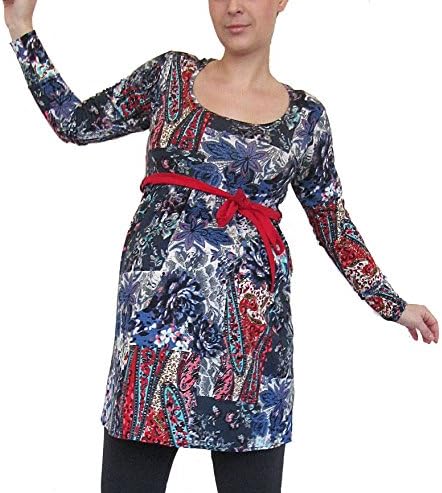 Maternity Top, Sleeve long multikolored,red belt ,Maternity Tunic, Cotton maternity tshirt, Mia maternity , Pregnancy Wear, Suitable for pregnancy and beyond (S, multicolored.red)