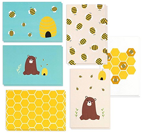 48 Count of Cute Greeting Cards with Envelopes, 6 Honey Bear and Bee Designs, Blank on the Inside, 10 x 15 cm