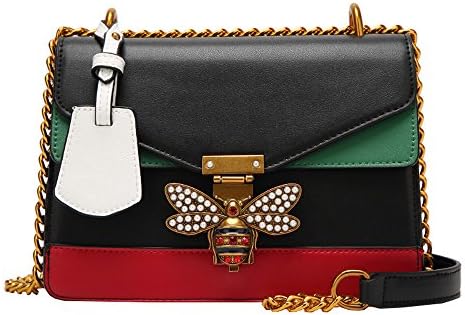 Yuan 2019 Ruil Women Color Splicing Little bee Bags Fashion Zipper Designer Handbag Pearl Rivet Envelope Bag Wide Shoulder Strap Chain Diagonal Pouch