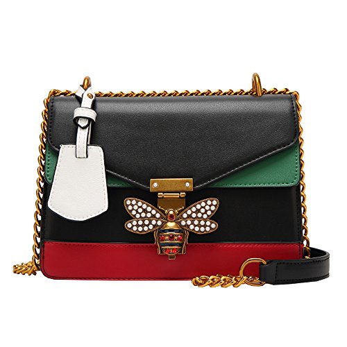 Yuan 2019 Ruil Women Color Splicing Little bee Bags Fashion Zipper Designer Handbag Pearl Rivet Envelope Bag Wide Shoulder Strap Chain Diagonal Pouch