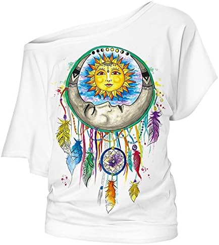 COUSIN CANAL Womens Ladies Loose Off Shoulder Top T-Shirt Short Sleeve Blouse Dreamcatcher M