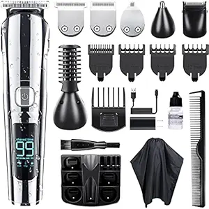 Beard Trimmer, KIKOMO Cordless Hair Clippers Mustache Trimmer for Men IPX7 Waterproof Hair Trimmer Set with LED Display, 11 in 1 Grooming Kit Body Groomer for Nose Ear Facial Hair, Dual Charging Ways