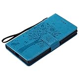 Sony Xperia XZ Hülle Blau im Retro Wallet Design,Cozy Hut Sony Xperia XZ Hülle Leadertasche Premium Lederhülle Flip Case im Bookstyle Folio Cover Kartenfächer Magnetverschluss und Standfunktion Leder Schale Etui für Sony Xperia XZ (5,2 Zoll) Handytasche Schutzhülle Katzen und Bäume Muster - blau - 