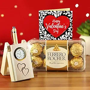 TIED RIBBONS Valentine Day Gift for Men Husband Boyfriend Boys with Chocolate Combo Wooden Pen Stand with Clock and Greeting Card