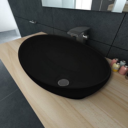vidaXL Keramik Waschtisch Waschbecken Keramikspülen Waschplatz Bad Oval schwarz 40x33cm - 2