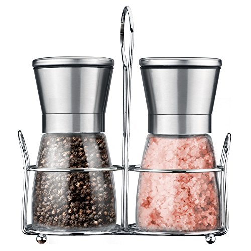 TopElek Salz und Pfeffermühle mit Ständer, Manuelles Edelstahl Salz & Pfeffermühlen mit verstellbarer Grobkörnigkeit und festen Glaskörper