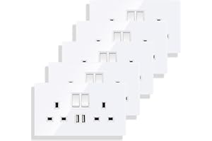 JIMEIDA 5 Pack Double Switched Socket 13 Amp with 2 USB Charging Ports Crystal White Glass Panel Wall Outlet Electric Power Socket