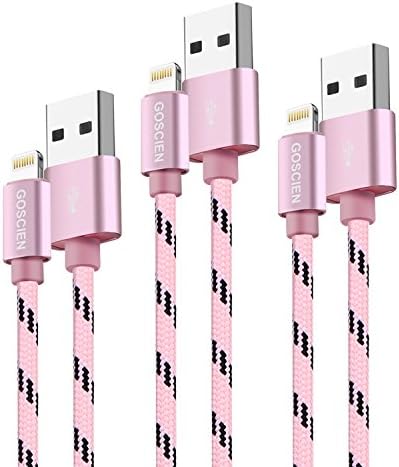 Lightning Cable GOSCIEN iPhone Lead (1 m, 3 Pack) Nylon Braided USB Cable Ultra Durable Sync Cable for Apple iPhone X 8 7 6 Plus, 6s Plus, 5 5c 5s SE, iPad, iPod and More (Pink)