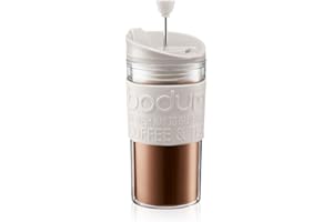 BODUM Travel French Press Coffee Maker Set with Extra Lid, Vacuum, White, 0.35 L/12 oz