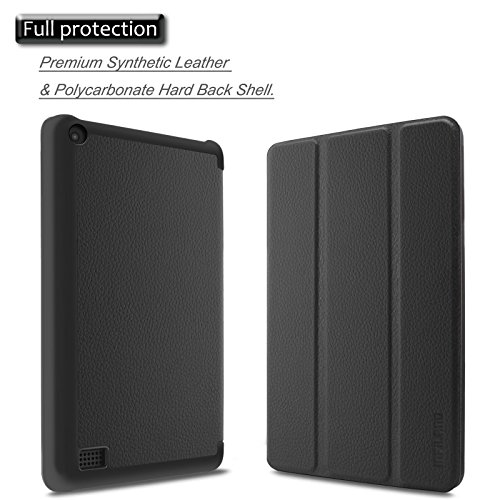 Amazon Fire 7-Hülle (7-Zoll-Tablet, 7. Generation – 2017) – Infiland Ultra Dünn Tri-Fold Muschel PU Leder Ultra Schlank Superleicht Ständer Shell Cover Schutzhülle Etui Tasche für Das neue Fire 7 (2017), 17,7 cm (7 Zoll) Display Tablet (Schwarz) - 2