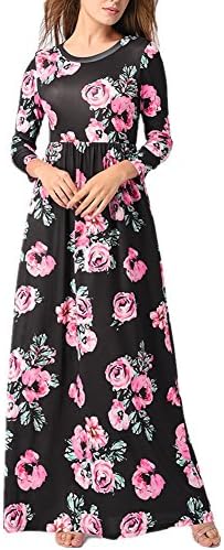 GRACE KALIN Women's Floral Print Crew Neck Long Sleeve Maxi Casual Dress (Medium, Black)