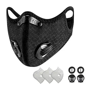 Toodii Polyester Reusable Face Mouth Mask (Black, With Valve, 1 Face Cover, 2 Valve) for Unisex