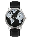 JSDDE Uhren Retro Weltkarte Karte Armbanduhr Mode Zeitlos Design Damen Quarzuhr PU Lederband Analog Quarz Uhr Schwarz