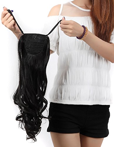 S-noilite Fashion 18"(46cm) Curly Binding Tie up Ponytail Clip in Hair Extensions Extension One Piece Wrap Around Pony Tail 12 Colors Available (Natural Black)