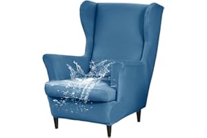 Highdi Waterproof Wingback Chair Covers 2 Piece Stretch Wing Chair Slipcover, Solid Color Washable Sofa Cover Furniture Protector for Armchair Chairs Hotel Living Room Bedroom (blue)