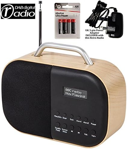 Retro DAB Radio &amp; FM - Nostalgic Beech Wood Colour - Electric &amp; Battery Powered (UK Power Supply &amp; Batteries INCLUDED) - 4 watts - 3 year Guarantee - LCD Digital Display &amp; 20 Radio Preset Stations - UK MODEL - Receives: BBC Radio, Radio X (Chris Moyles etc), Kiss, Magic, Heart, Smooth Extra, etc (subject to coverage in your area) - Alarm Clock Radio - DAB + FM - by DTL (Beechwood / Black Colour)