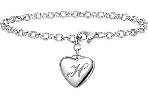 LSxAB Women Girls A to Z Heart Initial Letter Charm Bracelets 26 Letters Alphabet Stainless Steel Chain Wristband Bracelet Men's Birthday Gifts 7" Adjustable