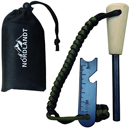 Nordlandt Feuerstahl - Profi Outdoor Anzünder aus Auermetall - Feuer starter - Outdoor Feuerzeug mit Survivalband und Flaschenöffner - Multitool - Gratis Schutztasche