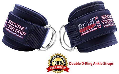 Grip Power Pads Best Ankle Straps for Cable Machines Double D-Ring Adjustable Neoprene Premium Cuffs to Enhance Legs, Abs & Glutes For Men & Women (Single, Black)