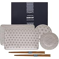 TOKYO design studio Nippon Limited Edition Platinum, Sushi Set, 6 Piezas. 2 Placas de Sushi, 2 Sauce Cuencos de Madera, 2 Pares Palillos Chinos. Sushi Plato Porcelana Set.