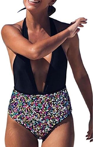 Saihui 1Set Sexy Deep-V Neck Halter Swimsuit Bandage Bling Sequin Swimwear Jumpsuit Bikini (XL)