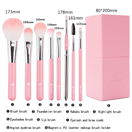 amoore 8 Stück Make Up Buersten Make Up Pinsel Set Pinselsets Holzgriff mit der PU Leder Pinsel Eimer Kosmetik - 3