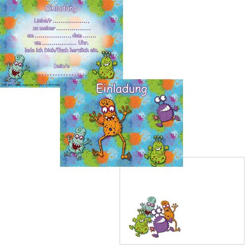 12-teiliges Einladungen-Set * MONSTER * mit 6 Einladungskarten und 6 Umschläge für Kindergeburtstag // Kinder Geburtstag Party Einladung Karten Alien Glibber