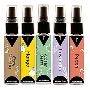 Niyor Natural Fragrance Set of 5 Alcohol Free Pocket Perfumes Coffee, Mango, Lavender, Peach & Water Berry Perfume Gift Set for Women & Perfume for Boys (5x8ml)