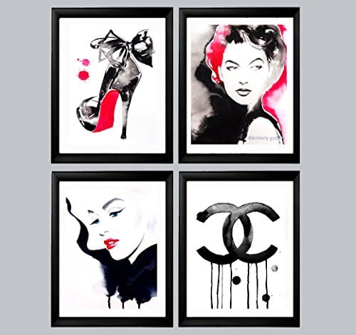 Set of 4 Fashion Art Prints Watercolour Marilyn Monroe Rocks Black High heels Illustrations Vintage Retro Salon Décor red lipstick