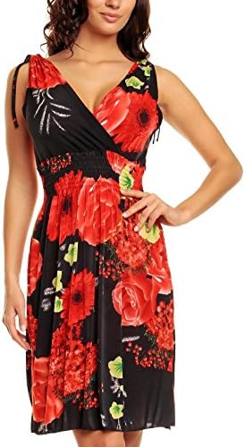 Ladies Floral Vines Print Summer Beach Casual Holiday Short Day Dress Black with Red Flowers UK 20 22