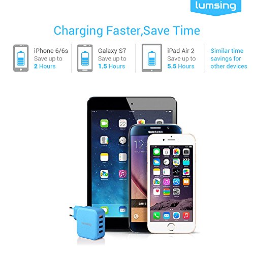 Lumsing Schnellladegerät 4-Port USB Wandladegerät, Wall Charger mit 3 Smart Ports und 1 Quick-Charging Port für iPhone, Samsung, HTC, Nokia iPad, iPod, Nexus usw. – Blau - 3