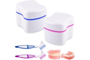 2 Denture Bath Case and 2 Denture Cleaner Brushes Retainer Denture Box, Tophoniex Dentures Container with Basket Denture Holder for Travel Retainer Cleaning
